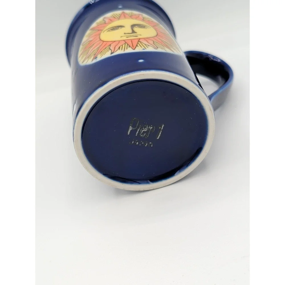 VTG Pier 1 Celestial Sun Cobalt Blue Ceramic 10oz Coffee Mug Cup Japan 90s
